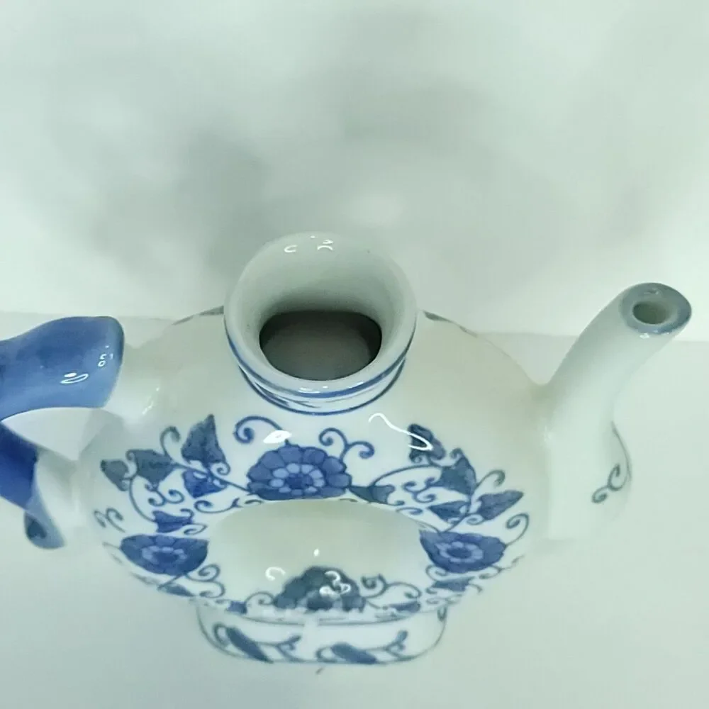 Porcelain Donut Shaped Teapot Blue & White Decorative Made in China No Lid